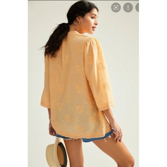 Orange Anthropologie V-Neck Embroidered Button Front Tunic Blouse (NWT) - Picture 3 of 4